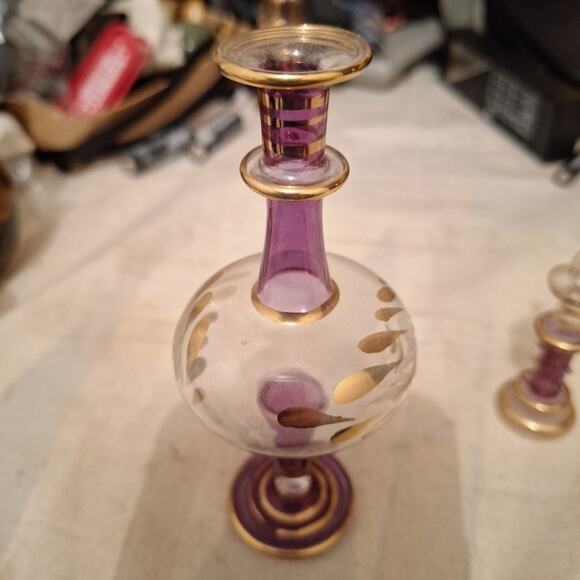 Vintage Perfume Bottles Egyptian Style Art Glass Cranberry Clear Gold Iridescent - Picture 2 of 6